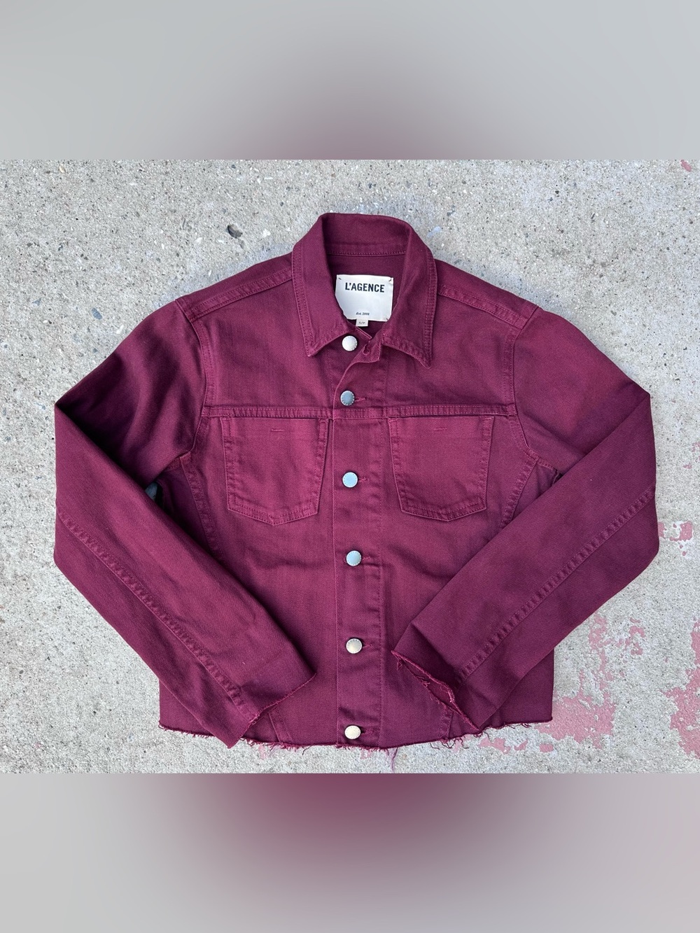 L'Agence Janelle Slim Denim Jacket Raw Hem Sz S Burgundy Red Luxury Capsule